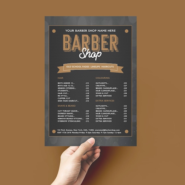 PhotoShop + MS Word Designer Print yourself Artwork Barber Shop Price List Template INSTANT Digital Download + Contact info/ Opening times