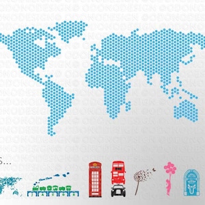 May include: A blue world map made of hexagons with additional icons including a red phone booth, a red double-decker bus, a dandelion, a girl with balloons, a blue jukebox, and a chandelier.