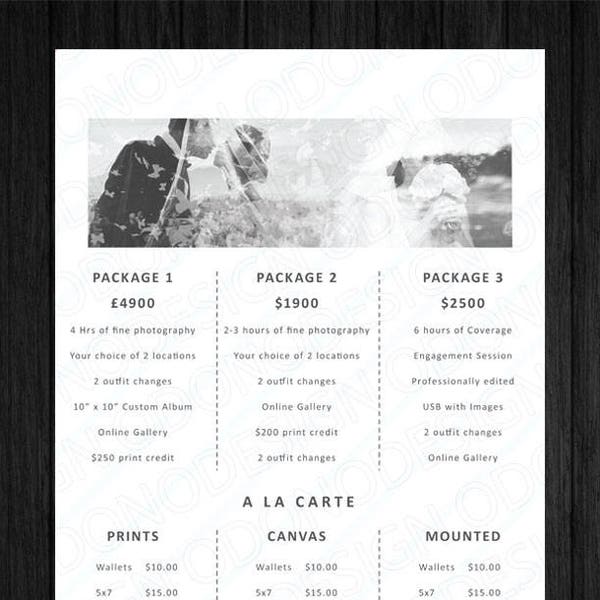 Printable Artwork Photography Pricing Template - Price Guide List for Photographers - Wedding Photographer Photo Price Sheet