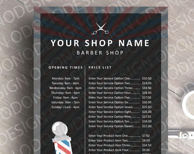 Printable Artwork Barber Shop Opening Times and Price List Etsy
