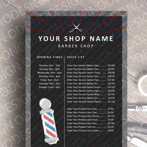 Modelo de Lista de Preços e Horários de Funcionamento de Barbearia para Imprimir. Edite e Imprima do Microsoft Word! Faça Você Mesmo!