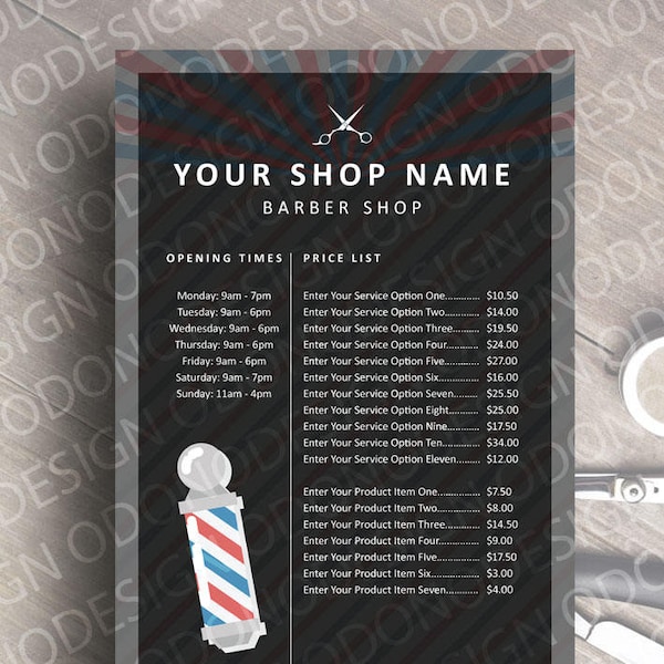 Printable Artwork Barber Shop Opening Times and Price List Template, Edit and Print from Microsoft Word Yourself! DIY Do It Yourself!