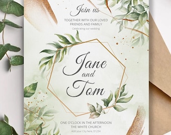 PSD-huwelijksuitnodiging en menusjabloon met prachtige bladeren. Direct downloaden van Photoshop