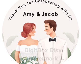 Custom Wedding Stickers, Thank You for Celebrating with Us Matte Finish, 40mm or 60mm Round Personalised Bride and Groom Names