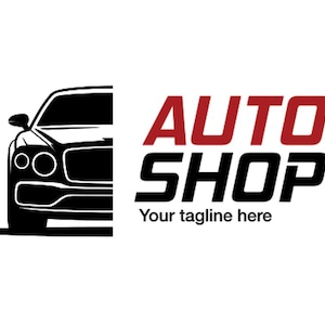 May include: A black and white logo for an auto shop. The logo features a stylized black car silhouette on the left and the words "AUTO SHOP" in red and black text on the right. Below the text is the tagline "Your tagline here."