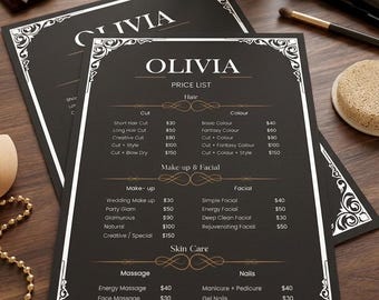 Luxury Vintage Price List Menu Template | Printable Salon Flyer Mockup for Hair Stylists, Lash & Nail Techs, Beauticians