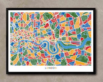 DOWNLOAD deze kleurrijke stratenkaart van Londen DIRECT: zelf afdrukken, alle maten inbegrepen. Stadsplan Engeland UK Art Home & Office