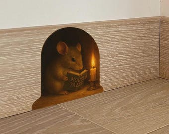 3D Mouse Reading Book in Mouse Hole - Wall Decal Sticker - Removable Wall Decoration - A Book Lover Gift Idea - Baseboard Kiss-Cut Stickers