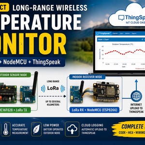 May include: A DIY long-range wireless temperature monitor project kit featuring a PIC16F628 and LoRa transmitter, an indoor receiver node with NodeMCU ESP8266, and ThingSpeak cloud dashboard integration for monitoring outdoor temperature data on devices.