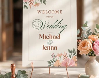 Floral Wedding Welcome Sign Template, Wildflower Wedding Sign PSD, Printable Floral Wedding Decor, Editable Garden Signage, Instant Download