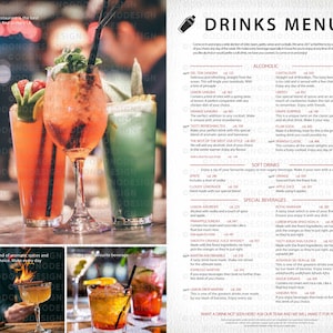 Plantilla de menú de restaurante en formato Microsoft Word MS. Imprima desde casa. Ilustraciones completamente editables. Bebidas, entrantes, platos principales, postres, vinos y cervezas.