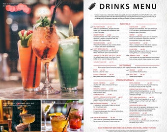Restaurantmenusjabloon Microsoft Word MS. Afdrukken vanuit huis kunstwerk. Volledig bewerkbaar. Drankjes, voorgerechten, hoofdgerechten en wijnen, bieren.