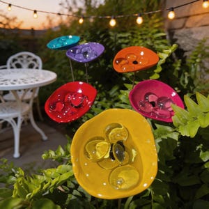 Könnte beinhalten: Eine Sammlung farbenfroher Gartenkunstobjekte. Jedes Stück hat ein flaches, schalenförmiges Design in leuchtenden Farben wie Gelb, Rot, Orange, Lila, Türkis und Pink. Klare Glasmurmeln füllen jede Schale und erzeugen eine verspielte, auffällige Darstellung.