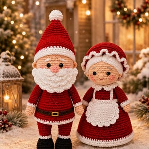 Può includere: Due bambole all'uncinetto che rappresentano Babbo Natale e la Signora Natale. Babbo Natale indossa un abito rosso con barba, cappello e stivali neri. La Signora Natale indossa un vestito rosso con grembiule, colletto e cuffia bianchi.