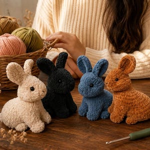 Könnte beinhalten: Vier kleine, gehäkelte Plüschhasen-Figuren in Creme, Schwarz, Blau und Braun. Jeder Hase hat eine weiche, strukturierte Garnoberfläche, aufrecht stehende Ohren und kleine dunkle Augen. Die Hasen sind in einer Reihe auf einer Holzoberfläche angeordnet.