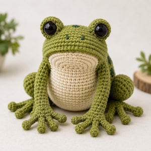 May include: A crocheted frog figurine featuring a textured olive green body with a cream-colored belly. The frog has large, glossy black plastic eyes, a wide mouth, and detailed webbed feet with individual toes, crafted from yarn.