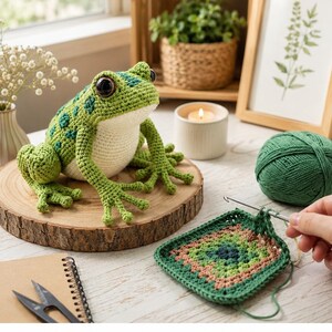 May include: A crocheted amigurumi frog with green skin, dark green spots, and a cream-colored belly, featuring large dark eyes. The text Amigurumi Frog Pattern is displayed above. A green yarn ball and a square crochet piece are also visible.
