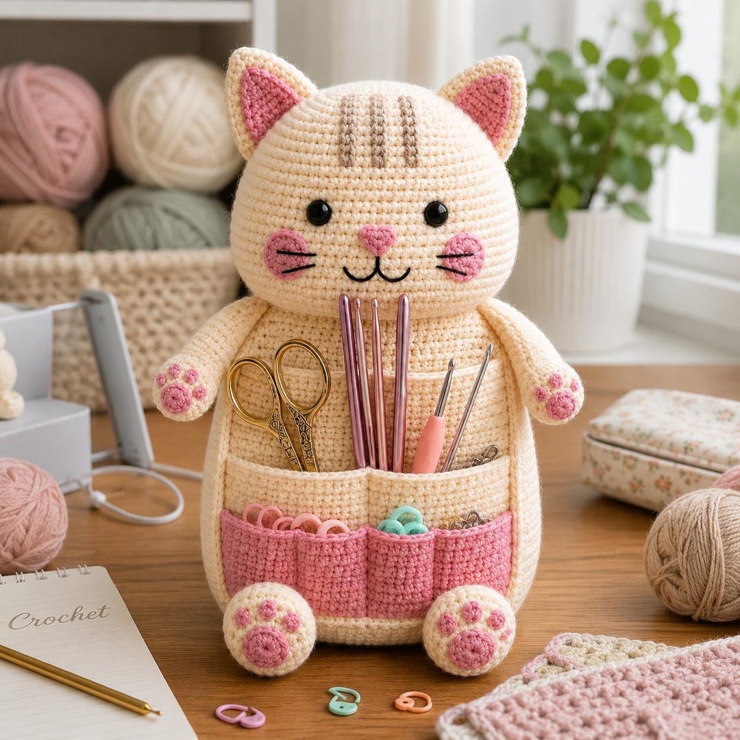Crochet Cat Organizer Pattern PDF, Amigurumi Storage Basket, Desk Tool Holder (Digital Dow