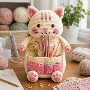 May include: A cream-colored crocheted cat organizer featuring a pink pocketed apron for craft supplies. The cat has embroidered black eyes, a pink nose, and pink paw pads. It holds gold scissors, metal crochet hooks, and colorful stitch markers.