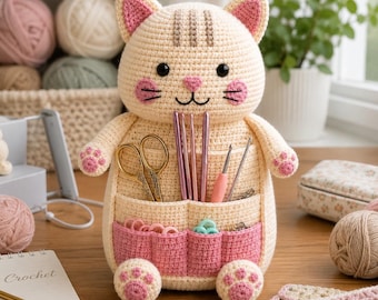 May include: A cream-colored crocheted cat organizer featuring a pink pocketed apron for craft supplies. The cat has embroidered black eyes, a pink nose, and pink paw pads. It holds gold scissors, metal crochet hooks, and colorful stitch markers.