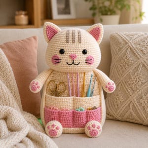 May include: A cream-colored crochet cat organizer featuring pink inner ears, pink paw pads, and pink cheeks. The cat has a front pocket section with multiple slots holding metal crochet hooks and gold scissors, with a pink lower pocket for small items.