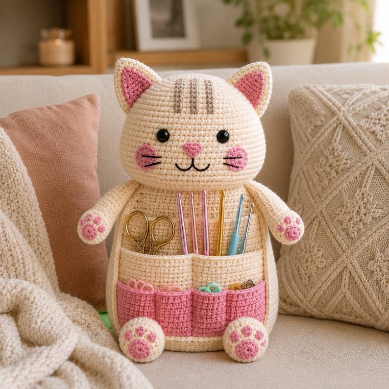 May include: A cream-colored crochet cat organizer featuring pink inner ears, pink paw pads, and pink cheeks. The cat has a front pocket section with multiple slots holding metal crochet hooks and gold scissors, with a pink lower pocket for small items.