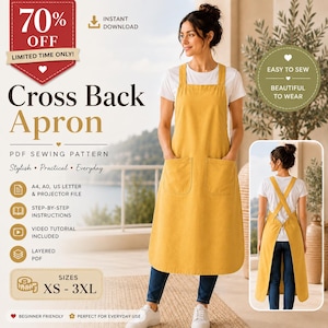 Pode incluir: Um avental amarelo-mostarda com costas cruzadas e dois bolsos frontais, mostrado numa pessoa com t-shirt branca e calças de ganga azuis. A imagem inclui texto para um molde de costura em PDF, tamanhos XS-3XL e instruções para ficheiros A4, A0, US letter e projetor.