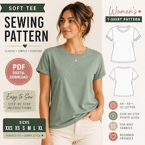 Puede incluir: Una mujer lleva una camiseta verde salvia, parte de un anuncio de patrón de costura. La imagen incluye el texto "Soft Tee Sewing Pattern" y "Women's T-Shirt Pattern". Texto adicional indica que el patrón es una descarga digital PDF, fácil de coser y apto para principiantes.