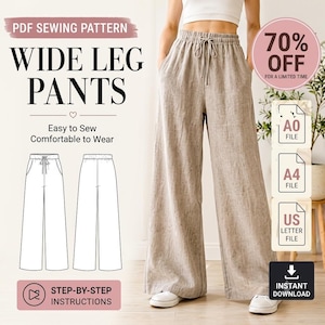 Puede incluir: Un patrón de costura en PDF para pantalones de pierna ancha, que muestra unos pantalones beige con cintura elástica con cordón y bolsillos laterales. La imagen incluye el texto PDF SEWING PATTERN, WIDE LEG PANTS, Easy to Sew y formatos A0, A4 y US Letter.