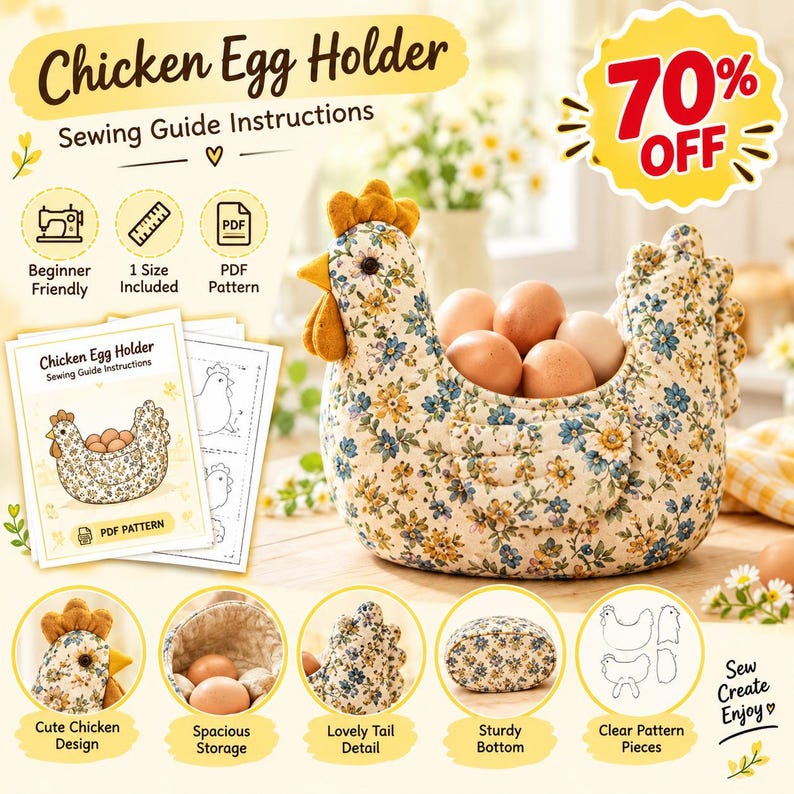 Instant Download Sewing Pattern Chicken Egg Holder Sewing Pattern PDF, Hen Egg Basket, Fabric Chicken ...