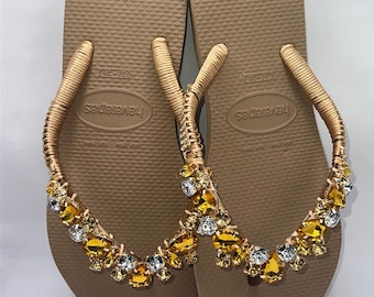 Luxury Rose Gold Crystal Flip Flops Havaianas | Personalised Handmade Sandals