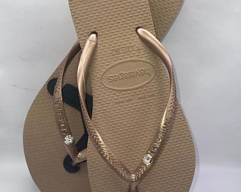 Havaianas Slim Crystal Charm Flip Flops | Rose Gold, Black & Ballet Pink | Women's Sparkly Sandals | Beach Gift