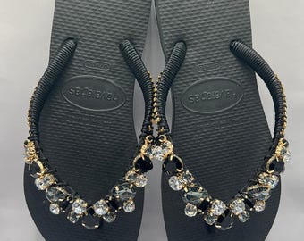 Custom Black Flip Flops Havaianas | Luxury Crystal Sandals Handmade