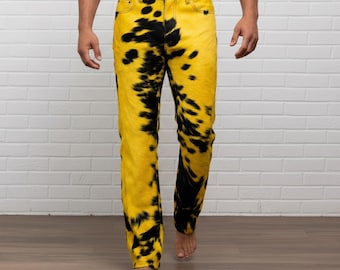 Men's Yellow Black Cowhide Hair-On Leather Pants – Western Cowboy Style Trousers