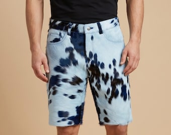 Men's Sky Blue Black Cowhide Hair-On Leather Shorts – Western Style Statement Pants