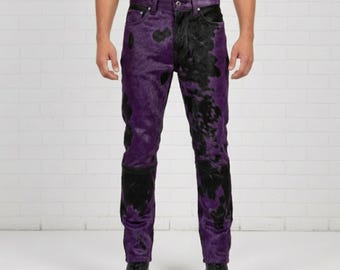 Men's Purple Black Hair-On Cowhide Leather Pants – Handmade Western Trousers