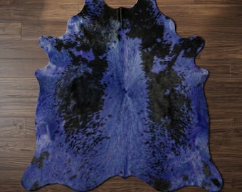 Dyed Blue Black Cowhide Rug – Genuine Hair-on Hide Leather, Western Farmhouse Decor