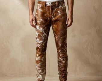 Herren Tan & White Hair-On Rindsleder Lederhose - Echtes Pony-Haar Cowboy-Stil