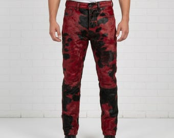 Pantalones de cuero de vaca con pelo rojo y negro para hombre – Estilo vaquero occidental