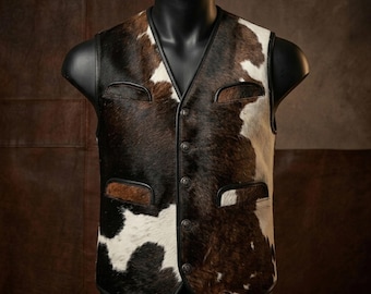 Men's Brown White Cowhide Leather Vest – Genuine Hair-On Western Waistcoat