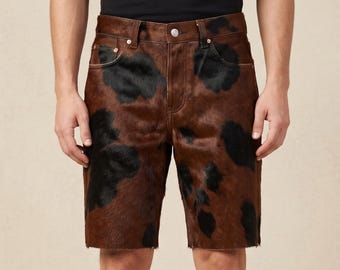 Pantalones cortos de cuero de vaca con pelo para hombre – Marrón y negro, estilo western, hechos a mano