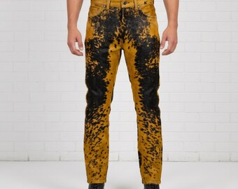 Men's Mustard Black Cowhide Leather Pants – Hair-On Western Trousers