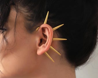 Gold Spike Ear Cuff, No Piercing Ear Wrap, Bold Punk Sun Ray Jewelry