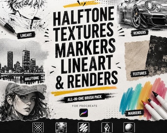 Halftone, Textures, Markers, Lineart Renders Brushes for Procreate | Ultimate Pro Digital Art Brush Set for Illustration & Design