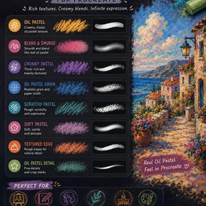 May include: A digital product display for Oil Pastel Painting Brushes for Procreate, featuring a list of brush types with stroke samples, a coastal landscape painting, and icons for various artistic applications on a dark background.