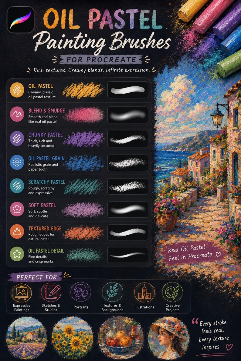 May include: A digital product display for Oil Pastel Painting Brushes for Procreate, featuring a list of brush types with stroke samples, a coastal landscape painting, and icons for various artistic applications on a dark background.