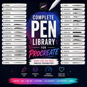 May include: A digital graphic featuring the text Complete Pen Library for Procreate, listing 32 distinct pen styles with visual stroke examples. The design includes a stylus icon, four feature icons, and a bottom banner with text labels.