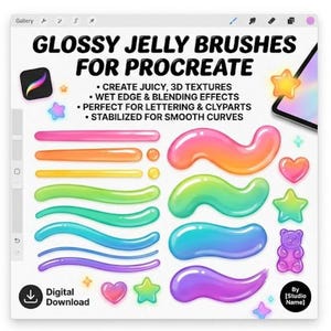 May include: Digital download graphic titled "GLOSSY JELLY BRUSHES FOR PROCREATE." The image displays vibrant, glossy brush strokes and shapes in a range of colours, including pink, orange, yellow, green, blue, and purple. Includes a gummy bear, stars, and hearts.