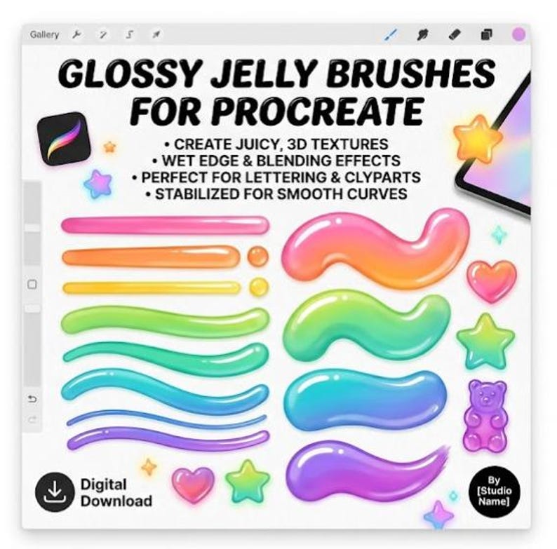 May include: Digital download graphic titled "GLOSSY JELLY BRUSHES FOR PROCREATE." The image displays vibrant, glossy brush strokes and shapes in a range of colours, including pink, orange, yellow, green, blue, and purple. Includes a gummy bear, stars, and hearts.