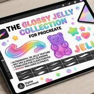 May include: A tablet screen displays a digital art collection titled "THE GLOSSY JELLY COLLECTION FOR PROCREATE." The design includes colourful jelly-themed graphics such as a gummy bear, stars, and hearts, plus brushstroke samples. A stylus is positioned beside the tablet.